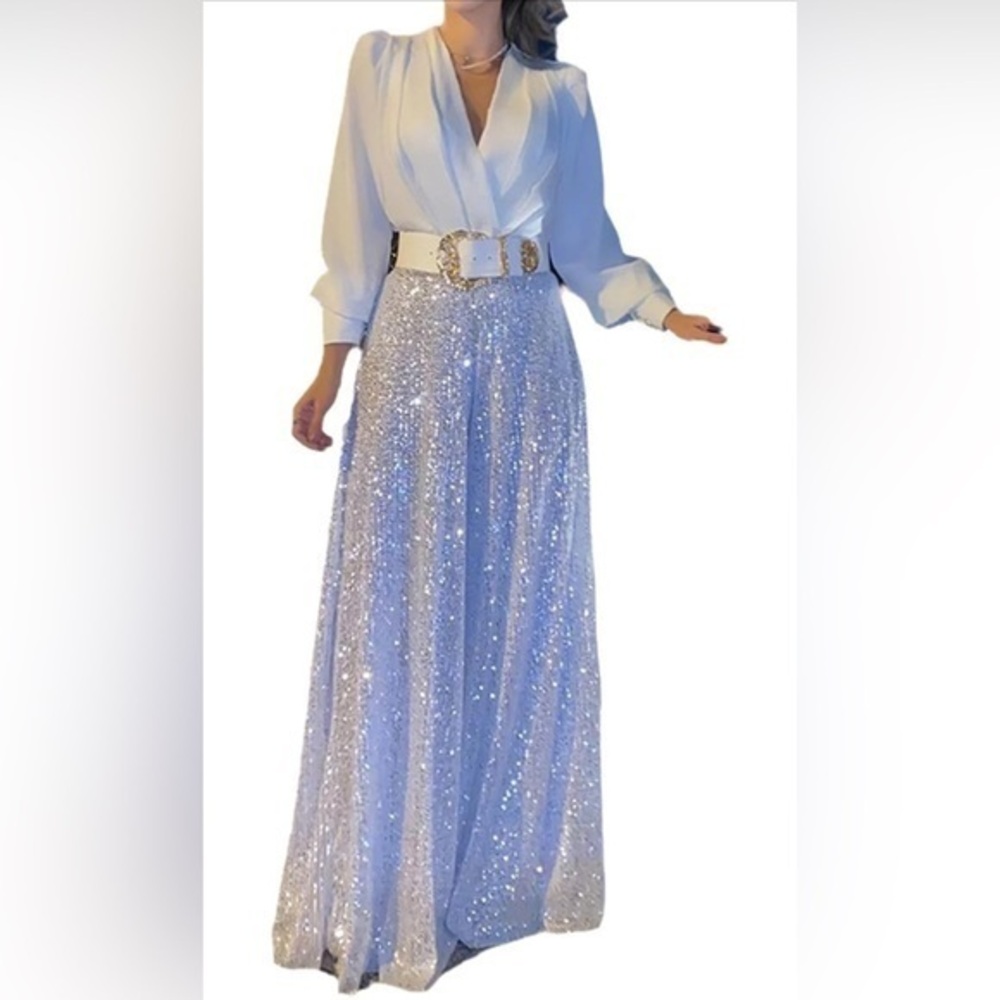 White Long Sleeve Top & Silver Sequin Wide-Leg Jumpsuit with Belt – Size M